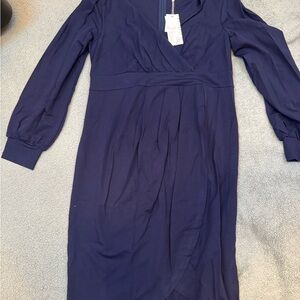 Elegant Navy Long Sleeve Midi Dress